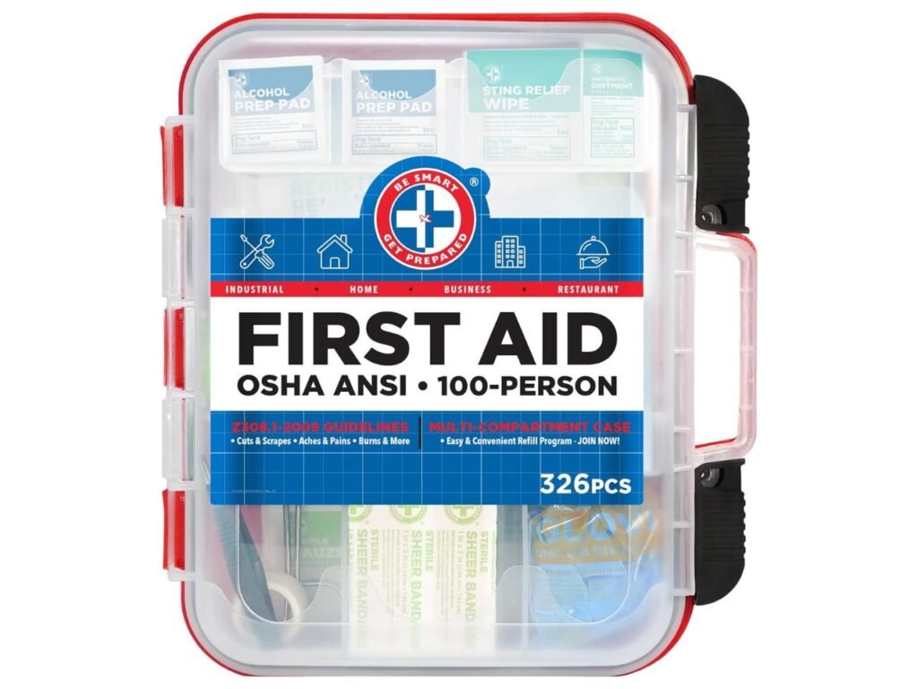 Be Smart Get Prepared First Aid Kit Hard Red Case 326 Pieces Exceeds OSHA and ANSI Guidelines 100 People 